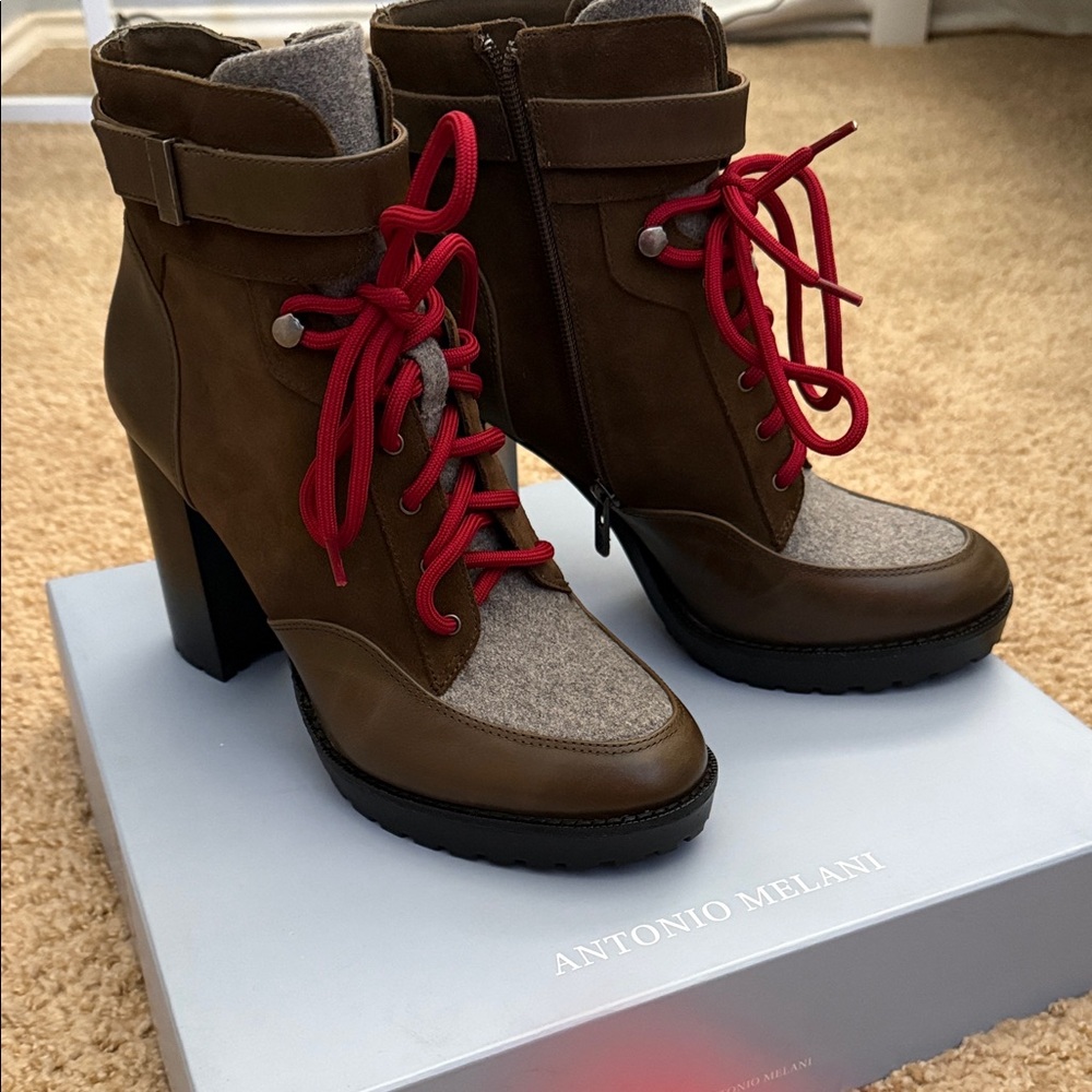 ANTONIO MELANI Dark Brown Lace-Up Boots with Red Laces